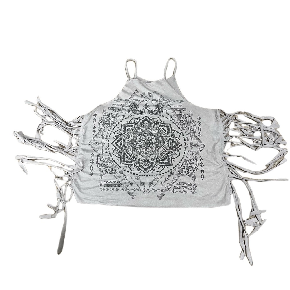 Boho Fringe Light Gray/ Beige Crop Top with Rhinestones and Mandala/Lotus